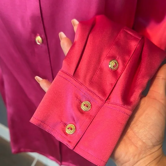 St. John Hot Pink Silk Long Sleeve Button Down Shirt - Picture 4 of 6